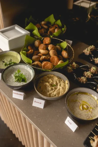 Brötchen in einem Korb, davor vier verschiedene Dips in Schalen